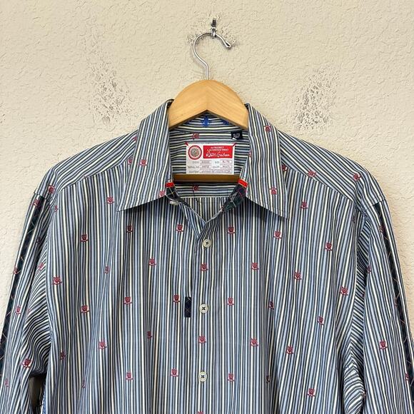 THE FRESHLY LAUNDERED SHIRT by ROBERT GRAHAM Blue Pinstriped Cotton - Picture 3 of 11